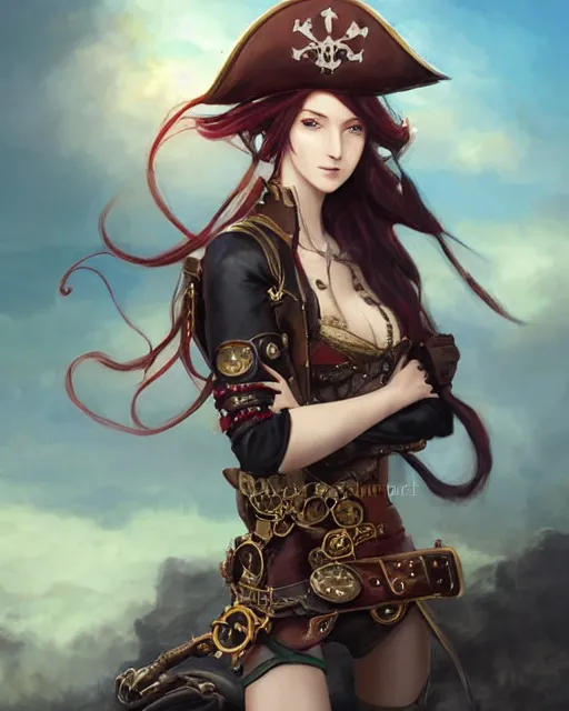 Image similar to a beautiful half body 2D illustration of a young female steampunk pirate wearing leather armor on gold and red trimmings on green, by Charlie Bowater, tom bagshaw, Artgerm and Lois Van Baarle, very cool pose, pirate ship with an epic sky background, slightly smiling, cinematic anime lighting and composition, fantasy painting, very detailed, ornate, trending on artstation and pinterest, deviantart, google images