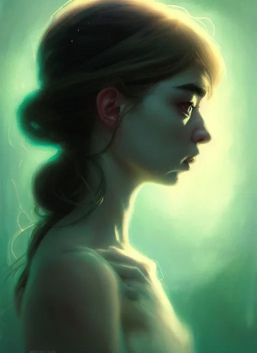 Image similar to side portrait, imogen poots, deathknight, soft, smooth, luminescent, haunting, pale green backlit glow, evil inky swirly ripples, sickly colors, anime, realistic shaded lighting poster by greg rutkowski, magali villeneuve, artgerm, jeremy lipkin, michael garmash and, rey