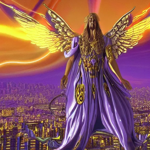 Prompt: a render of a gigantic biblically accurate angel with rings of fire and many eyes over a city, purple, gold, hyper detailed