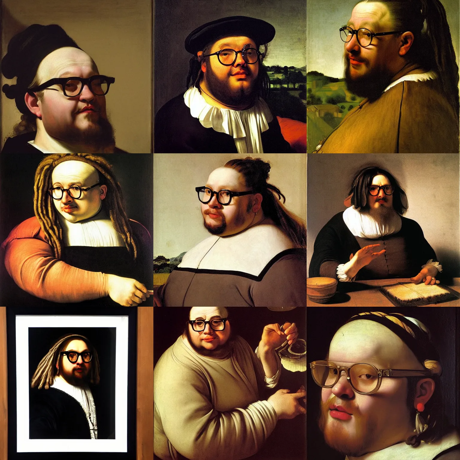 Prompt: a beautiful portrait of an obese white skinned entrepreneur with long black dreadlocks and trendy glasses, by caravaggio, by rembrandt, by vermeer