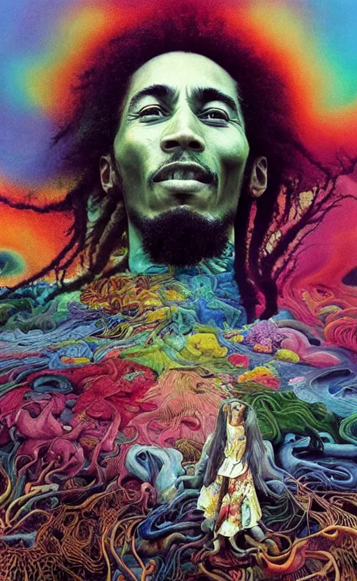 Image similar to ultrawide angle colour masterpiece surreal closeup portrait photography of bob marley playing on stage by miho hirano and annie leibovitz and michael cheval, weird surreal epic psychedelic complex biomorphic 3 d fractal landscape in background by kilian eng and roger dean and salvador dali and beksinski, 8 k