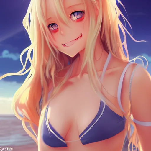 Image similar to a very beautiful young anime summer girl, full body, long wavy blond hair, sky blue eyes, full round face, evil grin, bikini, miniskirt, front view, mid - shot, highly detailed, cinematic wallpaper by stanley artgerm lau