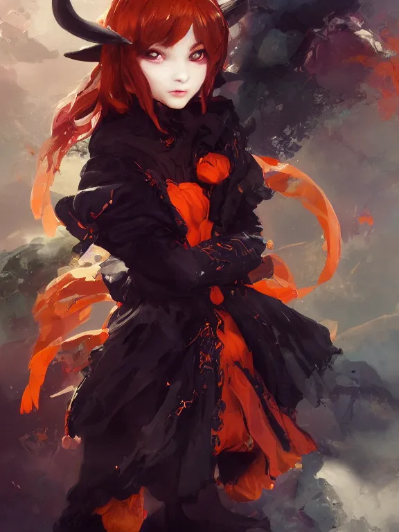 Image similar to Full shot of a cute mischievous young witch about to get up to some trouble. Black and Orange palette. By Ruan Jia and Artgerm and Range Murata and WLOP and CLAMP. Key Art. Fantasy Illustration. award winning, Artstation, intricate details, realistic, Hyperdetailed, 8k resolution.