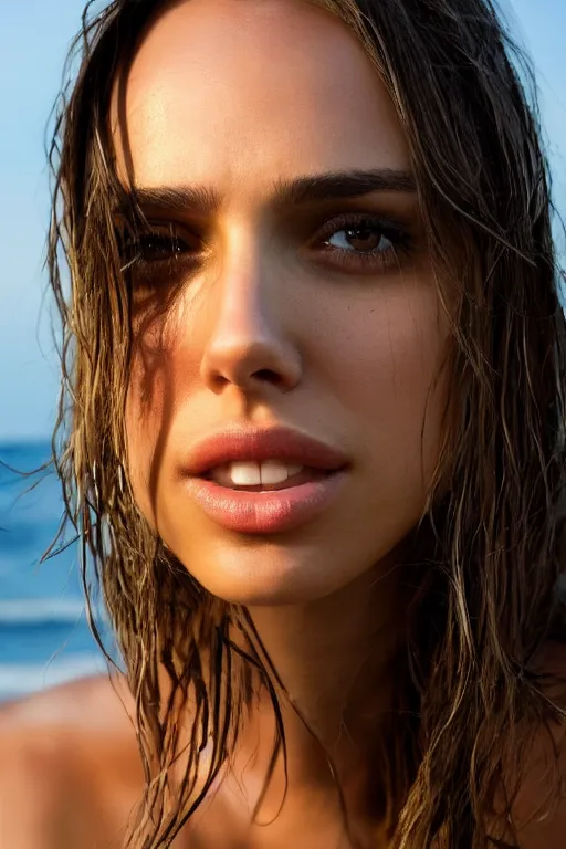 Image similar to a photo of a girl half Nathalie Portman half Jessica Alba, portrait at beach, 3/4 view, amber eyes, a shy face, Refined, Detailed professional photo, 50mm lens, Canon eos, soft an diffuse lights, autumn light, blurry distant background, Highly Detailed, Cinematic Lighting, Unreal Engine, 8k, HD