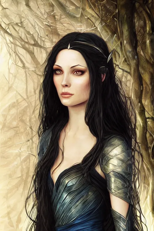 Prompt: portrait, headshot, digital painting, of elven warrior Arwen, beautiful, tall, long dark hair, dark blue satin dress, realistic, hyperdetailed, chiaroscuro, concept art, art by waterhouse