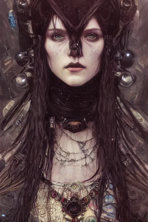 Image similar to portrait of beautiful young gothic maiden, cyberpunk, Warhammer, highly detailed, artstation, illustration, art by Gustav Klimt