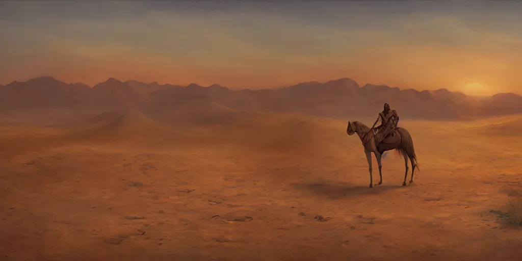 Prompt: an arabian knight walking in the desert alone durning a beautiful sunset on the horizon, oil on canvas, very detailed matte painting,