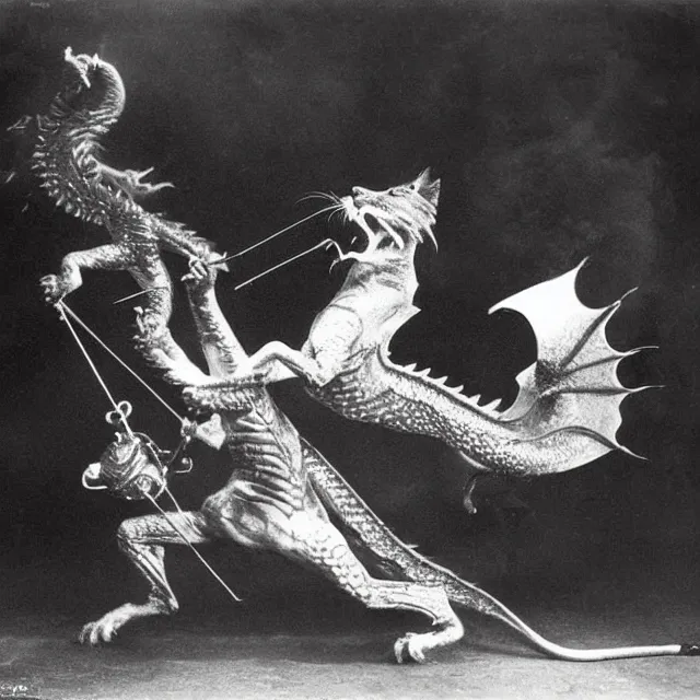 Image similar to silver gelatin photograph of a cat attacking a dragon, london 1 9 1 2