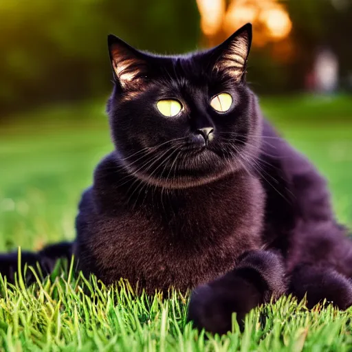 Image similar to a fluffy cute black cat sitting on the corner of a front yard outside in the late afternoon on a beautiful summer day, sunset