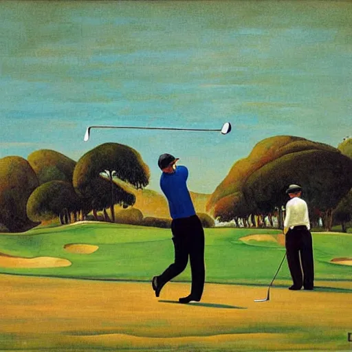 Image similar to Three golfers on a beautiful golf course driving range, by Diego Rivera