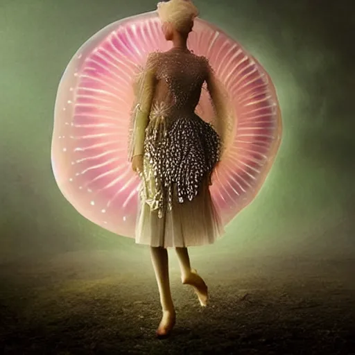 Image similar to a luminous jelly fish armor. soft. fragile. by ray caesar. by louise dahl - wolfe. by andrea kowch. surreal photography