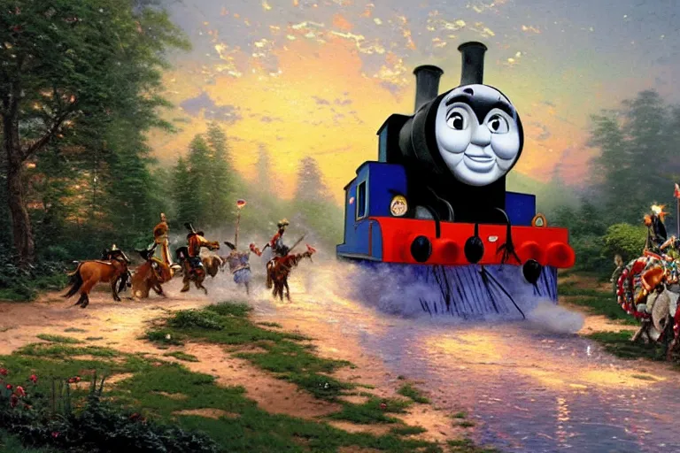 Prompt: thomas kinkade painting of thomas the tank engine being attacked by indians on horses