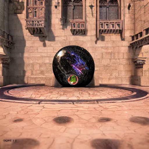 Image similar to A Giant magical gem meteorite in the middle the plaza of a medieval city, beautiful, concept art, sharp focus, highly detailed, intricate, still, photograph, fantasy, medieval, midday, day, sunny, shimmering, realistic, 8k, award winning, trending on artstation, Dungeons and dragons, tabletop, in the style of Wizards of the coast