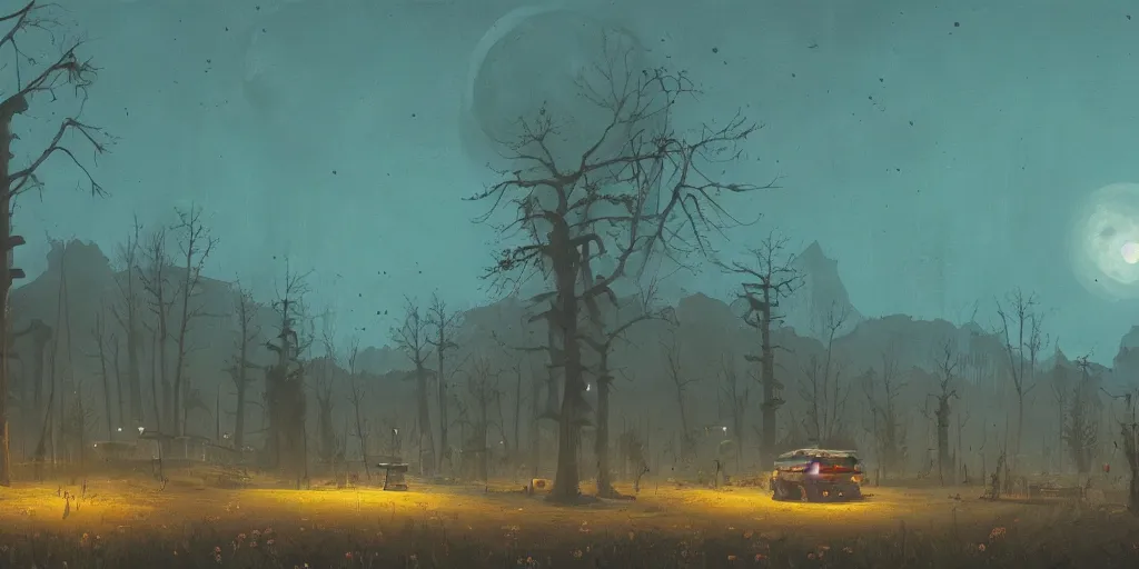 Image similar to abandoned civilisation at night, moonlight lighting on one full moon, landscape painted by simon stalenhag