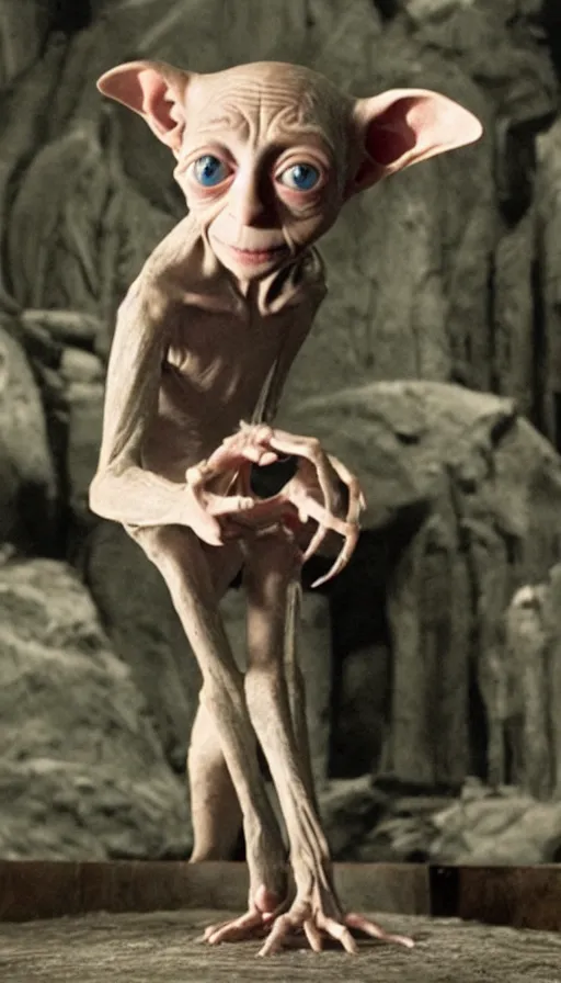 Image similar to dobby gollum, cinema still