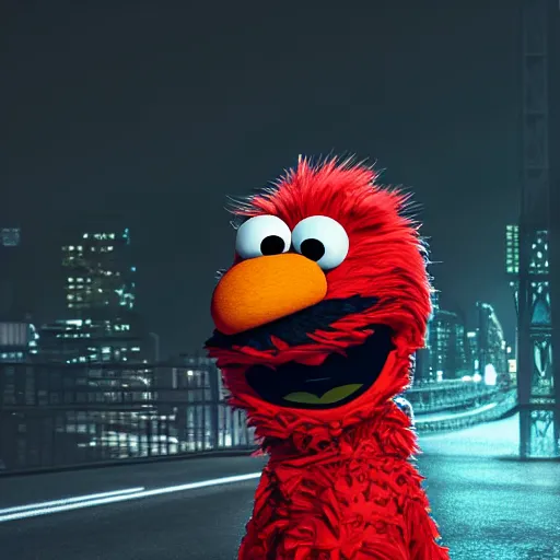 Image similar to of Elmo from sesame street dressed up as a rapper in New York City, highly detailed, 4K, moody lighting, 90’s vibe, 3d render, octane redshift, 8k