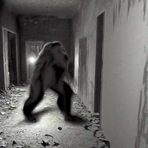 Image similar to hi - 8 night vision camera found - footage of a barely visible, bipedal minotaur with shrouded in darkness at the end of an extremely dark hallway in a basement of an abandoned house
