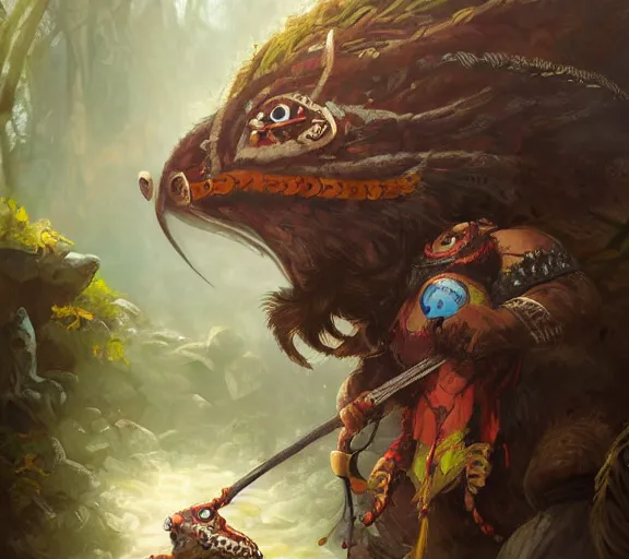 Prompt: dungeons and dragons fantasy painting, portrait, a feathered mouse spartan, 3 0 0, whimsical and cute, aztec, mayan, determined expressions, watery eyes, anime inspired, face paint, tufty whiskers, macuahuitl, in the jungle, by brain froud jessica rossier and greg rutkowski