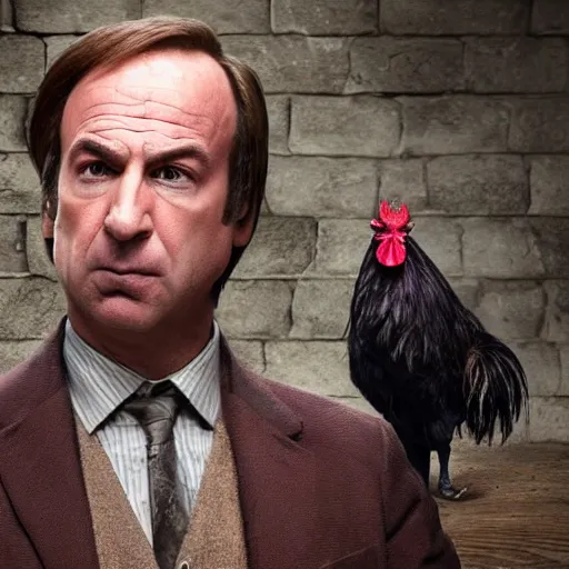 Image similar to saul goodman and a rooster in a medieval torture chamber, saw blades and knives in the background!!, horror movie, saul goodman!!!!!, rooster!!!!!, real life photo, detailed face