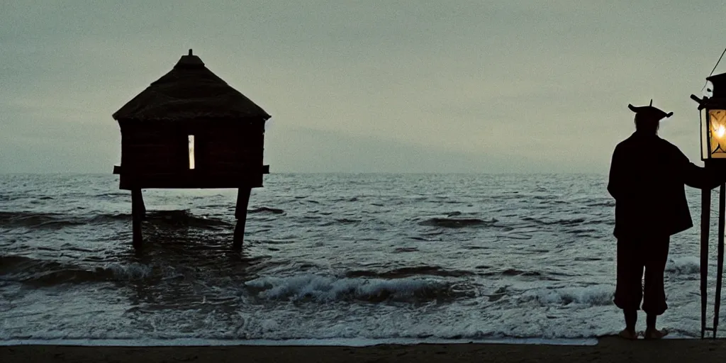 Image similar to film still of closeup old man holding up lantern by his beach hut at night. pirate ship in the ocean by emmanuel lubezki