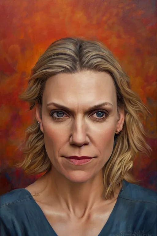 Prompt: detailed oil portrait of rhea seehorn, full head, dreamlike whistful expression, new mexico background painted by stephen bliss, desert sky, golden hour lighting