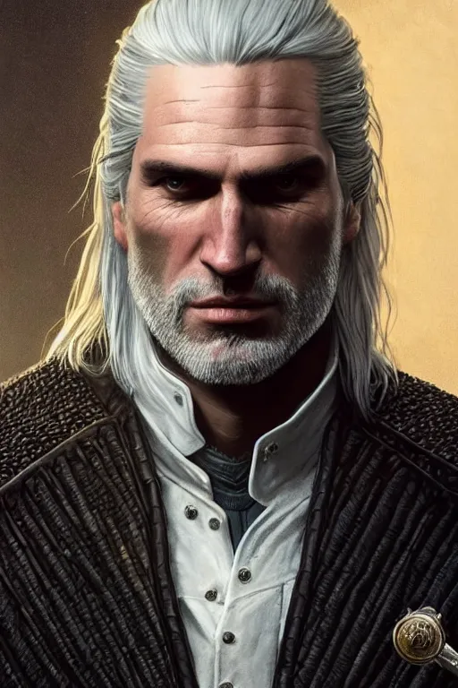 Prompt: photorealistic portrait photograph of geralt of rivia wearing a tuxedo, depth of field, soft focus, highly detailed, intricate, realistic, national geographic cover, soft glow, textured, artstation, concept art, sharp focus, illustration, art by artgerm and greg rutkowski and alphonse mucha