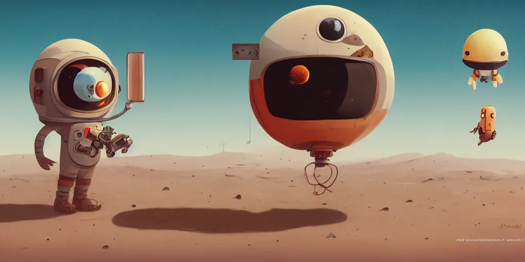 Image similar to cute cartoon cosmonaut landing on the mars by goro fujita and simon stalenhag and wes anderson and alex andreev, 8 k, trending on artstation, hyper detailed, cinematic