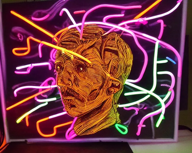 Image similar to renaissance davids head with neon art, hyper detailed