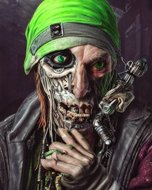 Image similar to an intimate portrait of a gnarly human cyberpunk pirate, old skin, faded hat, crooked teeth, green eyes, a look of menace, detailed matte fantasy painting