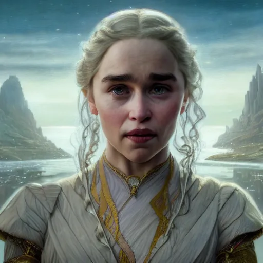 Image similar to a very detailed Magic portrait painting of Emilia Clarke, a very detailed fantasy city background, a very detailed dramatic sky, light particles, environment drawn by Donato Giancola and Tom Bagshaw, Edmund Leighton, character design by Alphonse Mucha, 4k, volumetric lighting, komorebi, award winning, octane render, hyperrealistic