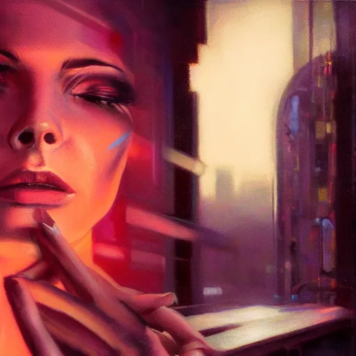 Image similar to detailed face of a woman, moment, cyberpunk cloisters, electronic billboards, tech noir, wet reflections, prism, atmospheric, ambient, pj crook, syd mead, livia prima, greg rutkowski, edward hopper