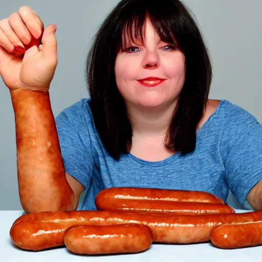 Image similar to the woman has thick sausages instead of fingers