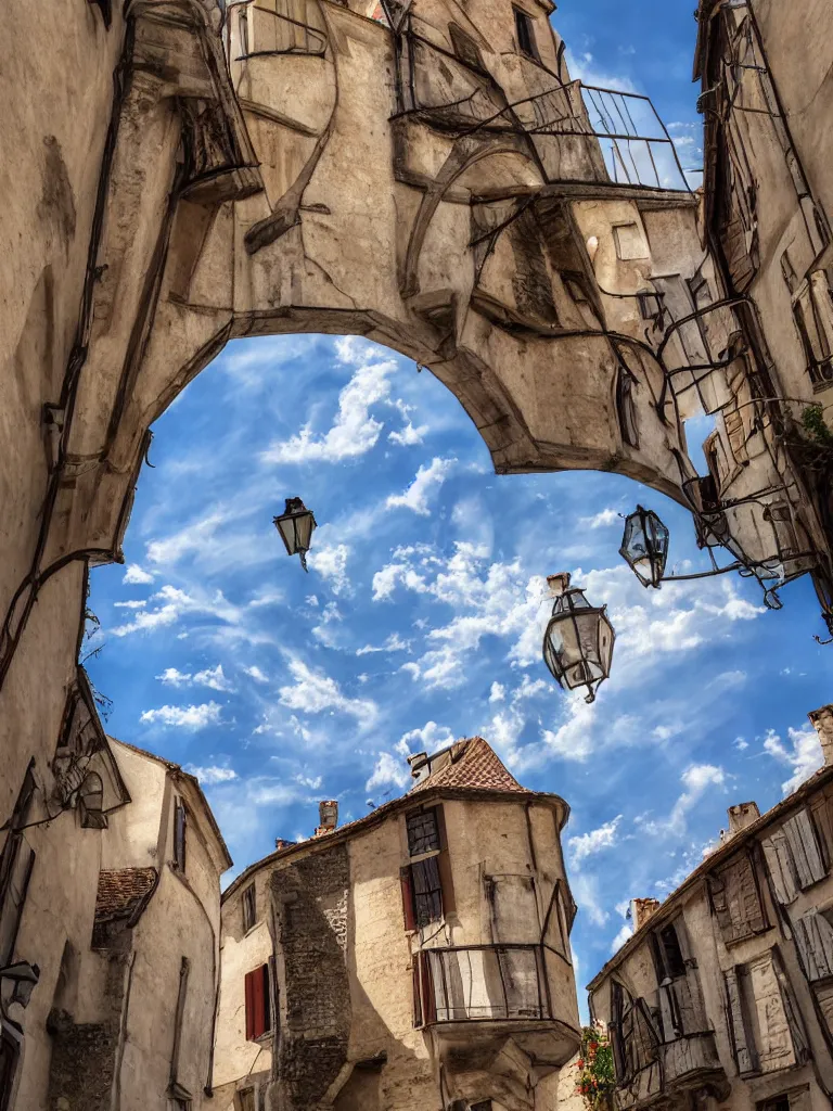 Prompt: painting, photography of a an alien spaceship over the sky in a medieval old city in france