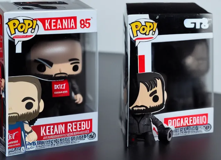 Prompt: product still of Keanu Reeves funko pop with box, 85mm f1.8