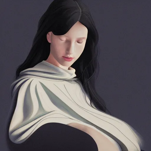 Image similar to a matte painting of a pale young girl in a black hoodie and black hair with a cat by frank lloyd wright and zaha hadid torch volume light stylized illustration digital airbrush painting, 3 d rim light, hyperrealistic masterpiece, artstation, cgsociety, kodakchrome, golden ratio