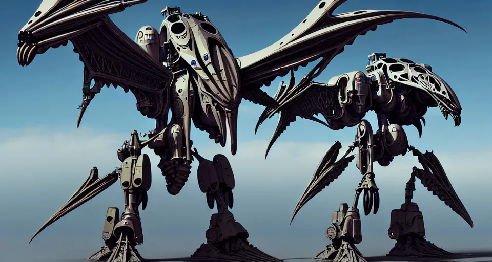 Image similar to flying pterodactyl in a cyborg mech suit with large wings, by alexandre ferra, zezhou chen, peter gric, mohamed reda and hr giger, hyper detailed line art, screen print, character concept art, realistic, coherent, octane render, zbrush central, behance hd, hypermaximalist