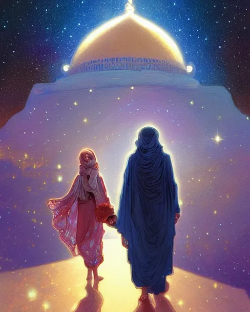 Image similar to bedouin man and woman and child in galaxy walking towards mosque surrounded by nebula, highly detailed, gold filigree, romantic storybook fantasy, soft cinematic lighting, award, disney concept art watercolor illustration by mandy jurgens and alphonse mucha and alena aenami, pastel color palette, featured on artstation