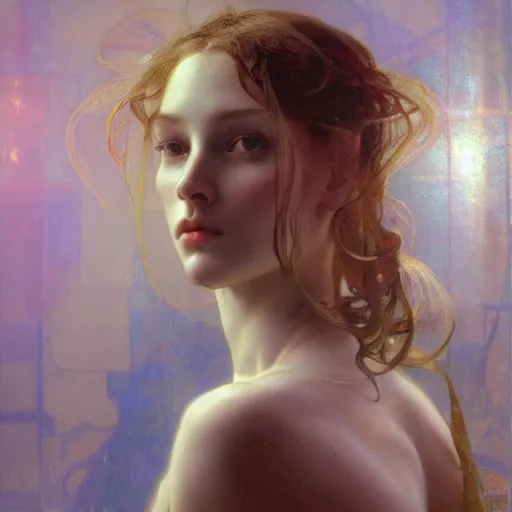 Image similar to hyperrealist portrait of a pretty young female android with large intelligent eyes standing in front of a computer simulation by jeremy mann and alphonse mucha and alan lee, fantasy art, photo realistic, dynamic lighting, artstation, poster, volumetric lighting, very detailed faces, award winning, full face, symmetry
