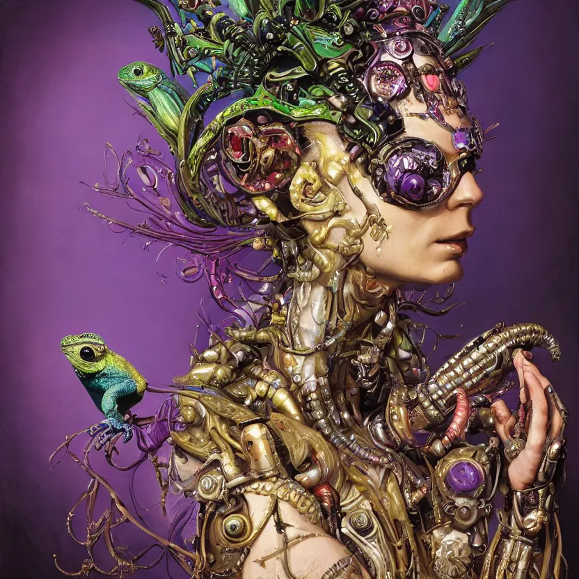 Prompt: a baroque close - up portrait of a fantasy alien cyborg shaman goddess wearing facepaint and a colorful floral futuristic chameleon visor with metallic technology, holding a bird. black background. studio lighting, big eyes. highly detailed science fiction fantasy painting by norman rockwell, moebius, frank frazetta, syd mead, and sandro botticelli. high contrast. renaissance masterpiece. artstation.