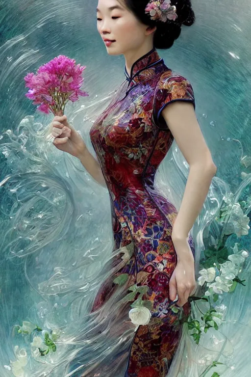 Image similar to portrait of a beautiful woman wearing a cheongsam dress, holding a bouquet of flowing flowers, drenched body, silver hair, emerging from the water, dark fantasy, regal, fractal crystal, fractal gems, by ross tran, stanley artgerm lau, thomas kindkade, alphonse mucha, loish, norman rockwell