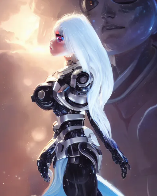 Prompt: cyborg girl with white hair and black skirt, alien hive, mystery, beautiful illustration, scifi, futuristic, radiant, atmosphere, harmony, top lighting, blue eyes, focused, perfect composition, artstation, highly detailed, art by yuhong ding and chengwei pan and serafleur and ina wong