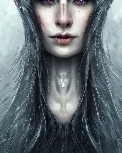 Image similar to portrait of a beautiful female witch with shimmering hair, symmetrical face and eyes, cgsociety, Elden Ring, Dark Souls, Bloodborne