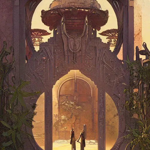 Image similar to art nouveau gate leading into rock-cut cyberpunk temple with Nabatean geometric decorations, figures cloaked in robes standing outside, hardy desert bushes, science fiction concept art by greg rutkowski and wayne barlowe and alphonse mucha