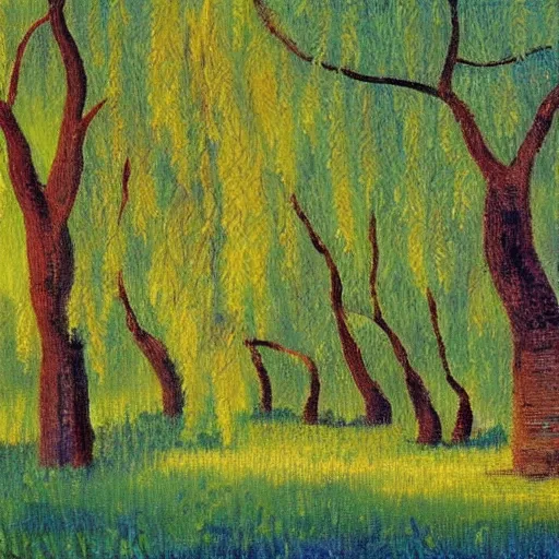 Image similar to oil painting of a willow tree grove by Bob Ross