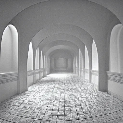 Prompt: Beautiful Fuzzy wide-eye-lens 15mm, harsh flash, cameraphone 2002, Photograph of an tiled infinite foggy foggy foggy liminal pool pool hallway hallway hallway with archways and water on the floor