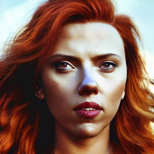 Prompt: medium photo still of scarlett johansson black widow looking off into the distance, long auburn hairs, golden hour, photorealistic, ultra detailed, intricate, natural light falling on her face. the focus is on her eyes and brows, fujifilm x - pro 2, by annie leibowitz