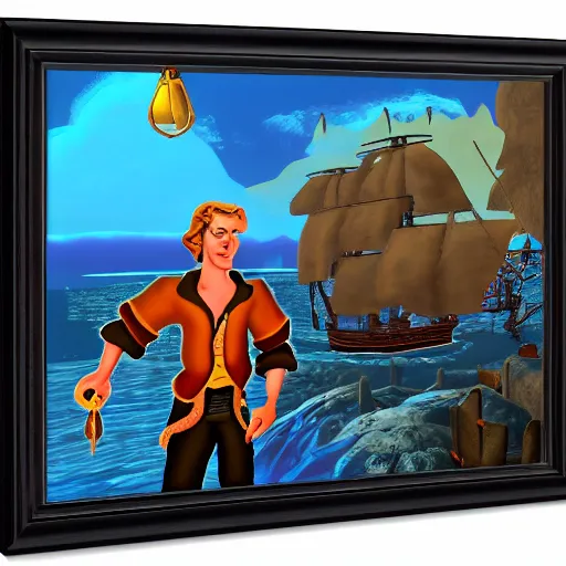 Image similar to Guybrush threepwood in a stunning pirate landscape, golden hour