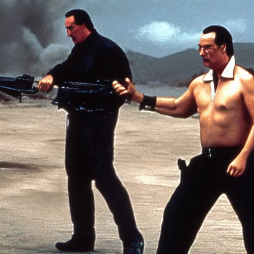 Image similar to scene of a movie with steven seagal with an explosion in the background