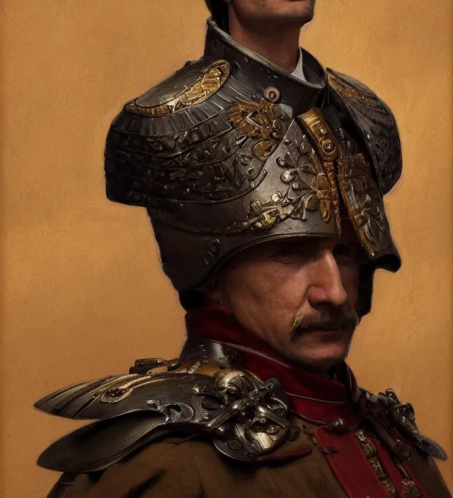 Prompt: portrait of a polish man wearing a traditional nineteenth century military jacket, inspired by the winged hussars, metal shoulder pauldrons, highly detailed, digital painting, artstation, concept art, sharp focus, cinematic lighting, illustration, art by artgerm and greg rutkowski, alphonse mucha, cgsociety