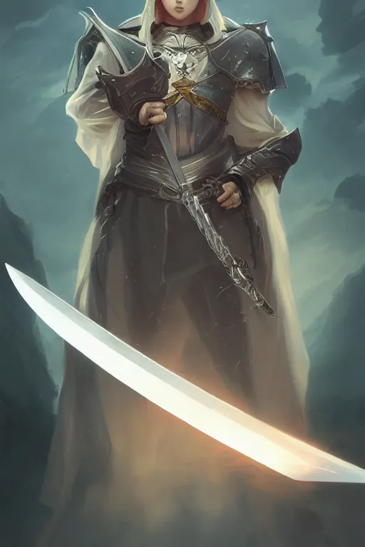 Image similar to a small paladin holding a starknife, character art portrait, anime key visual, official media, illustrated by tom bagshaw, wlop, kentaro miura, extremely detailed, 8 k, trending on artstation, cinematic lighting, beautiful